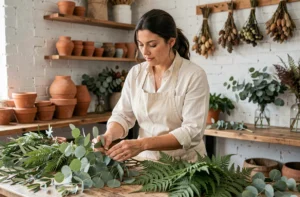 Fleuriste sélectionnant des feuillages variés comme l'eucalyptus et la fougère pour composer un arrangement floral dans un atelier artisanal