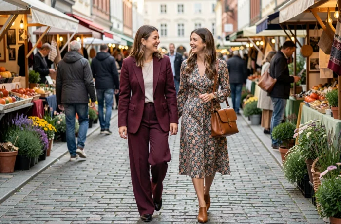 Deux femmes stylées se promenant dans un marché de mode en plein air avec des tenues tendance de saison