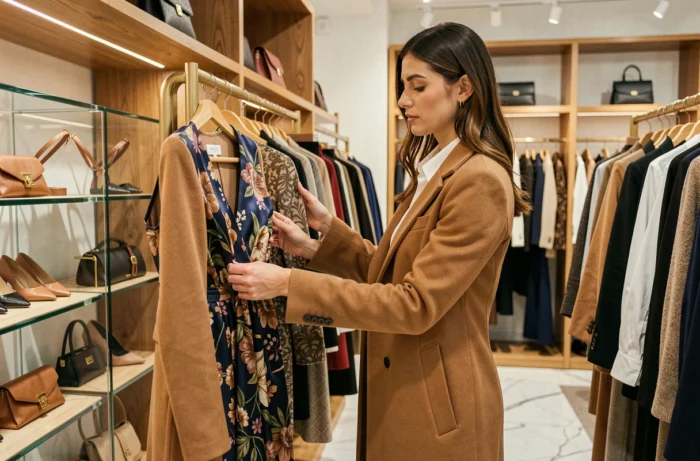 Femme élégante feuilletant des vêtements de créateurs dans une boutique de mode parisienne au décor raffiné