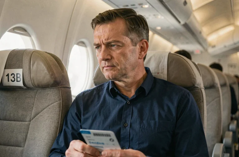 Passager assis au siège 13B dans un avion commercial, regardant le siège vide à côté de lui avec une expression intriguée