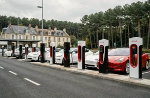 Station Supercharger Tesla en France sur une aire d'autoroute avec plusieurs véhicules électriques en charge