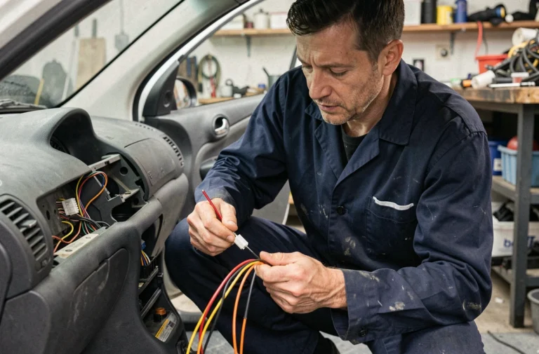 Technicien automobile manipulant les fils colorés du câblage autoradio d'une Peugeot 206 dans un atelier mécanique
