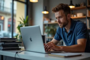 Technicien informatique au comptoir du Coucou Cyber de la Victoire à Bordeaux examinant un ordinateur portable