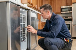 Technicien inspectant l'intérieur d'un frigo américain ouvert dans une cuisine moderne pour diagnostiquer une panne
