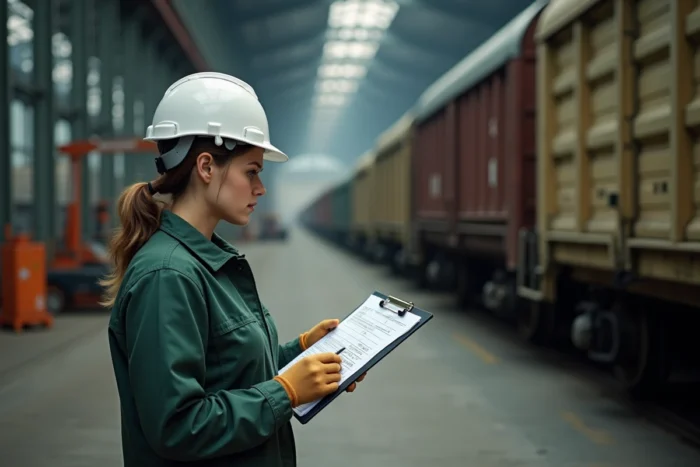 Technicienne wagoniste consultant un manifeste de fret dans un dépôt de maintenance ferroviaire