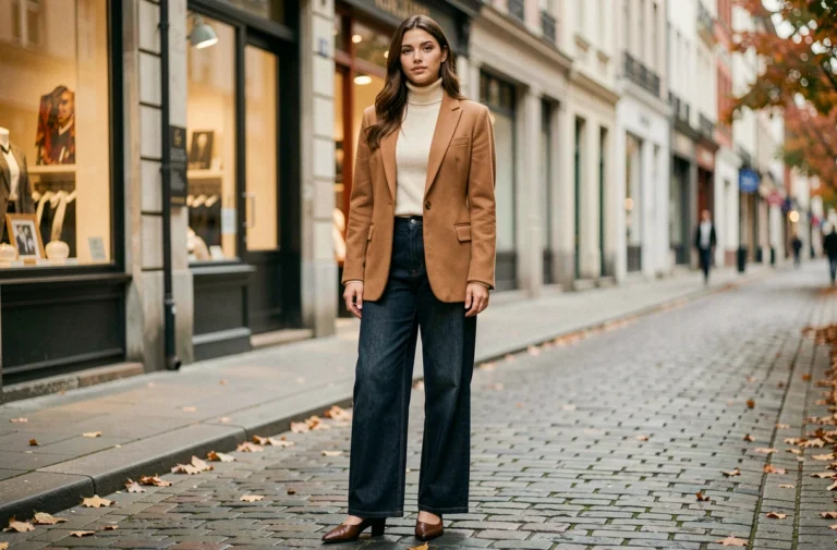 Femme élégante portant un blazer oversize camel et un jean large sur une rue pavée en automne, tendance mode de la saison