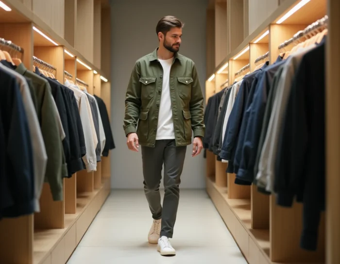 Homme tendance en veste utility verte sage et sneakers blancs dans une boutique de mode minimaliste contemporaine