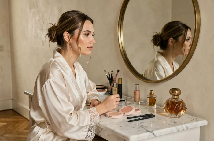 Femme en robe en soie ivoire assise devant une coiffeuse en marbre avec produits de beauté tendance, ambiance appartement parisien
