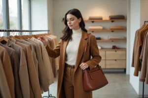 Femme élégante en manteau camel parcourant les dernières tendances mode dans une boutique minimaliste au style contemporain