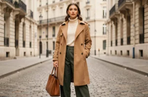 Femme en manteau camel oversize et pantalon large vert olive, tendances mode automne-hiver sur pavés parisiens