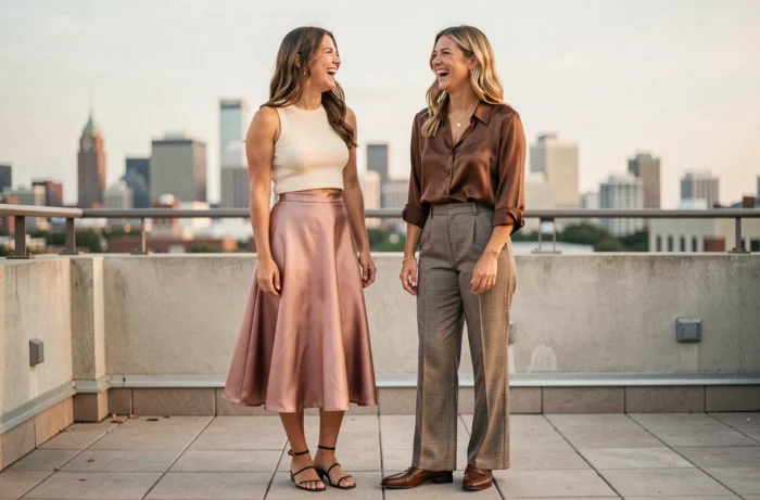 Deux femmes stylées aux tendances mode variées riant ensemble sur une terrasse urbaine avec vue sur la ville