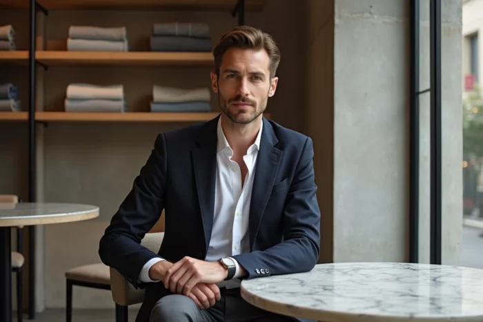 Homme en blazer marine structuré dans un concept store parisien, look mode homme tendance