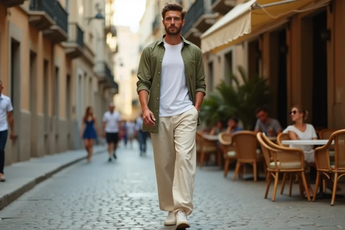 Homme en tenue décontractée tendance aux tons neutres marchant dans une rue pavée européenne pour illustrer les inspirations mode de la saison