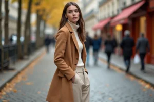 Femme en manteau camel et pantalon large dans une rue parisienne, tendances mode automne-hiver