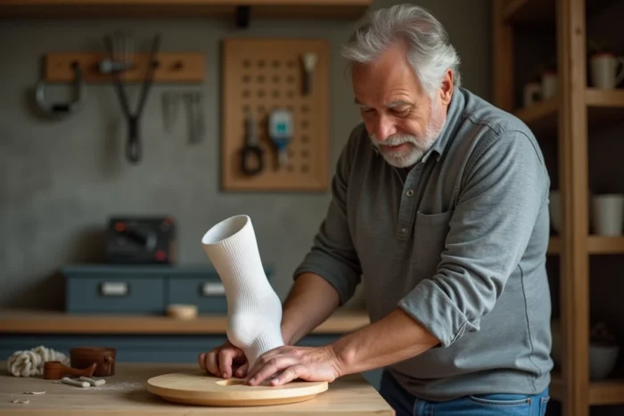 Homme utilisant un tendeur à chaussettes en bois pour élargir des chaussettes humides dans un atelier domestique