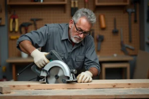Charpentier utilisant une scie circulaire Tacklife PES01A pour couper une planche en bois dans un atelier professionnel