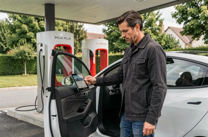 Homme consultant l'écran de sa Tesla Model Y pendant une session de recharge sur un Supercharger en France