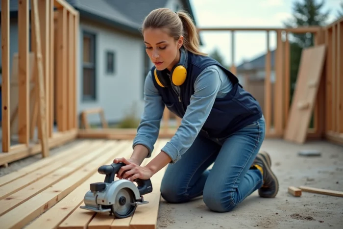 Femme professionnelle sur un chantier de construction mesurant une planche avant de couper avec la scie circulaire Tacklife PES01A