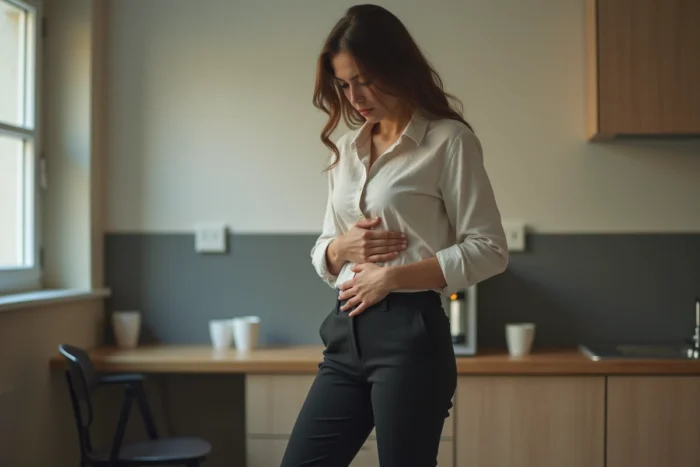 Jeune femme regardant ses pieds avec une expression comique illustrant 'j'ai le ventre dans les talons'