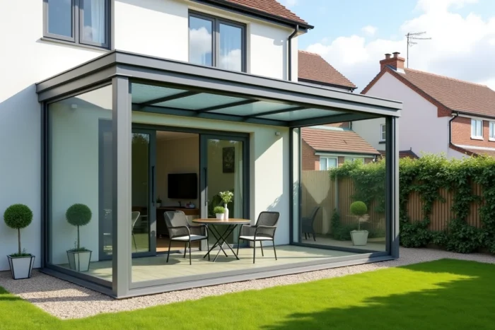 Véranda en kit aluminium et polycarbonate entièrement montée en extension d'une maison moderne avec jardin verdoyant