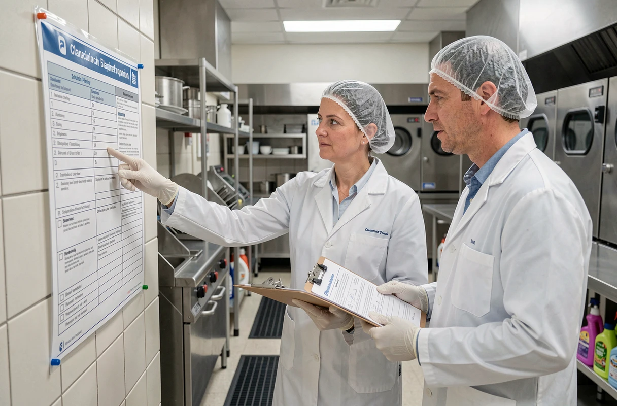 Deux agents de restauration scolaire consultant le protocole de nettoyage affiché dans la cuisine de la cantine