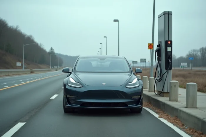 Voiture hybride branchée à une borne de recharge sur une aire d'autoroute lors d'un long trajet illustrant l'autonomie maximale