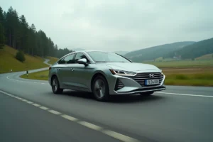 Voiture hybride roulant sur une route de campagne sinueuse illustrant son autonomie kilométrique maximale