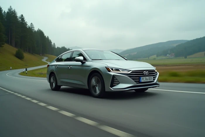 Voiture hybride roulant sur une route de campagne sinueuse illustrant son autonomie kilométrique maximale