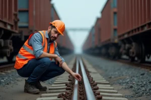 Wagoniste inspectant l'attelage entre deux wagons de fret dans un terminal ferroviaire industriel