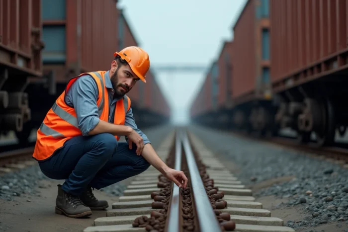 Wagoniste inspectant l'attelage entre deux wagons de fret dans un terminal ferroviaire industriel