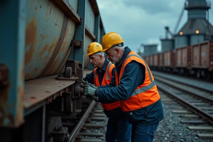 Deux wagonistes manœuvrant un frein à main sur un wagon dans une gare de triage ferroviaire