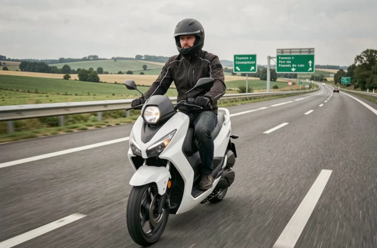 Conducteur sur un Yamaha Xmax 125 roulant sur une autoroute française, vue trois quarts avant