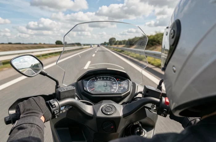 Vue cockpit d'un Yamaha Xmax 125 en vitesse sur autoroute, tableau de bord et guidon visibles