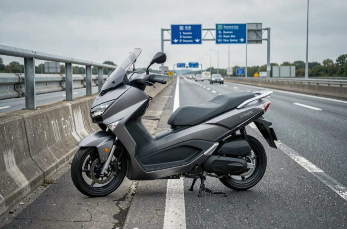 Yamaha Xmax 125 gris garé sur le bord d'une autoroute française avec panneau de signalisation bleu