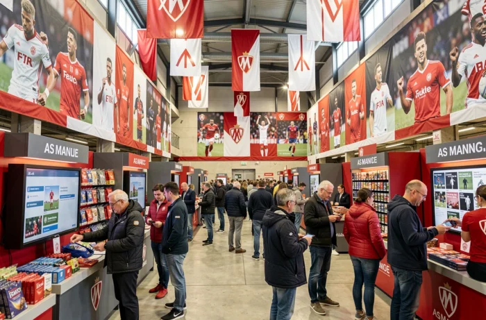 Zone fans animée de l'ASM Vizu avec stands de merchandising, bannières rouge et blanc et supporters de l'AS Monaco explorant l'espace événementiel